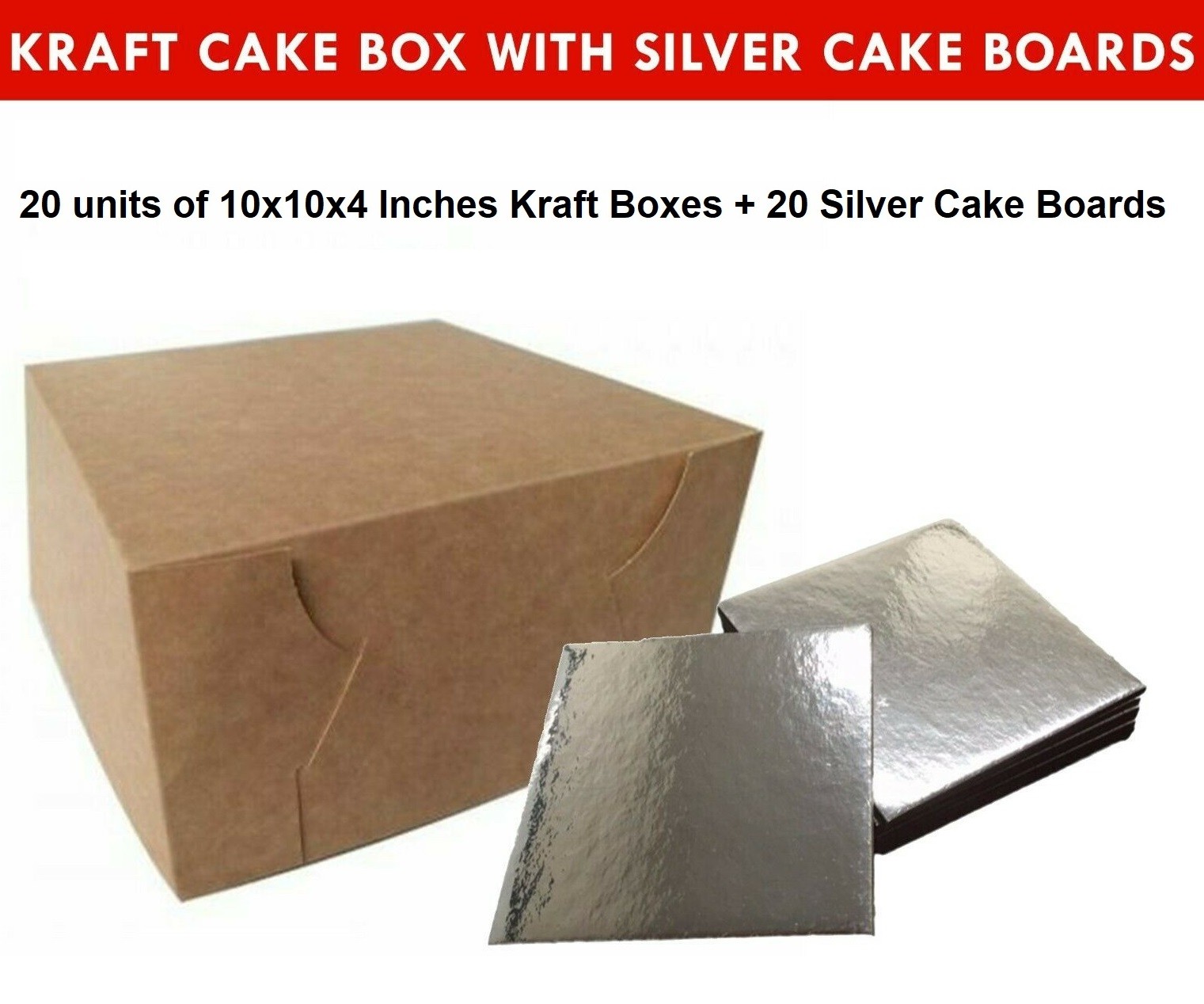 Kraft Cake Boxes with Square boards - 10" x 10" x 4" ($3.8 /pc x 20 units)