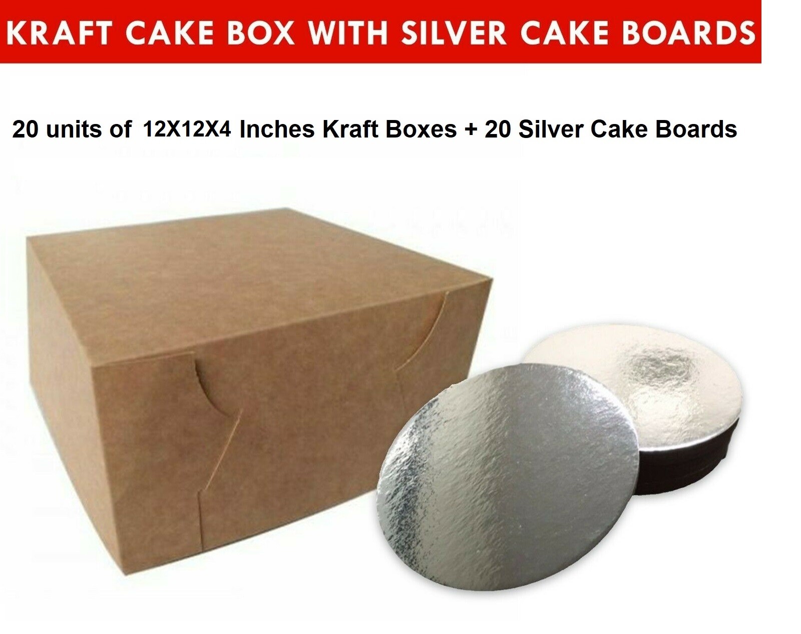 Kraft Cake Boxes with Round boards - 12" x 12" x 4" ($4.2/pc x 20 units)